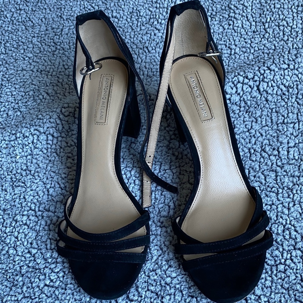 ANTONIO MELANI Black Suede Strappy Ankle-Heel Sandals